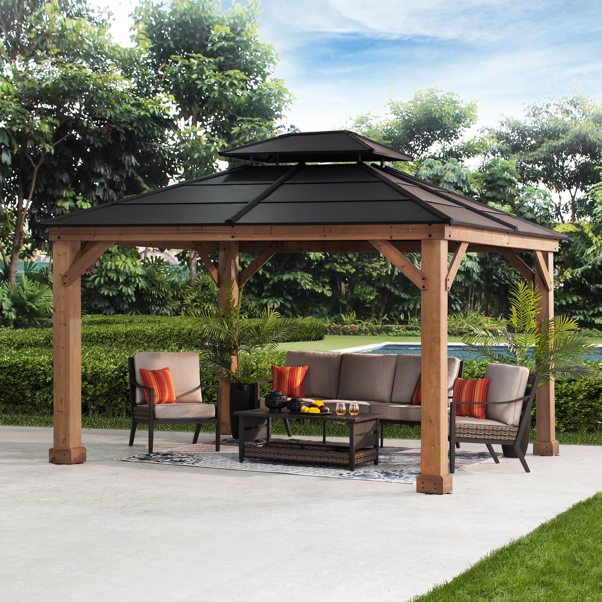 Sunjoy Hardtop Gazebo 11’ x 13’ Outdoor Cedar Framed Wood Gazebo with Black Double Steel Hardtop Roof Permanent Canopy for Garden, Backyard Shade… Image