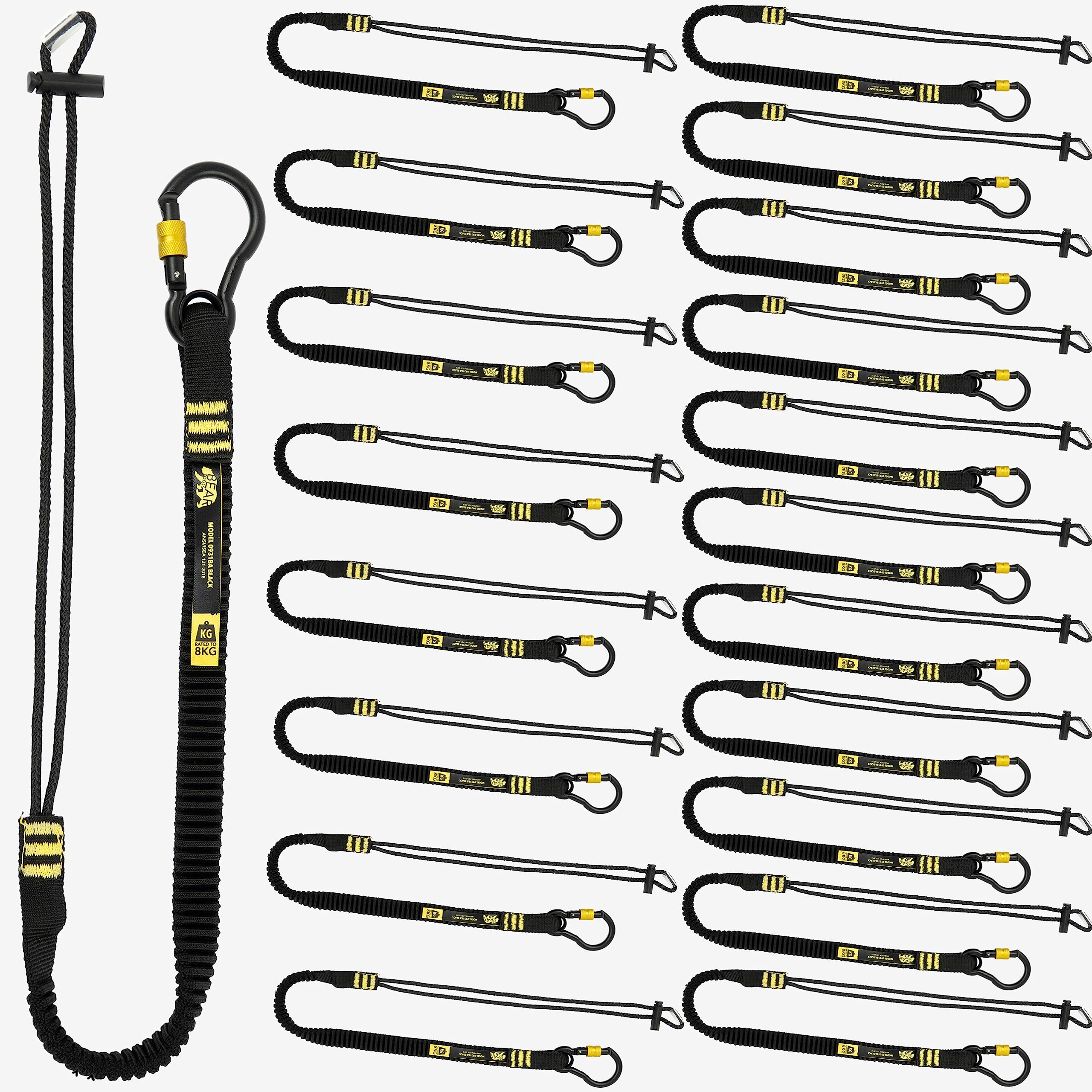 BearTOOLS ANSI-Approved Tool Lanyard with Spring Screw Lock Carabiner - 3Ft Heavy-Duty, Max load 17lbs - Shock Absorbing Lanyard - Adjustable Loop - Prevent Falling Objects - 20-pack