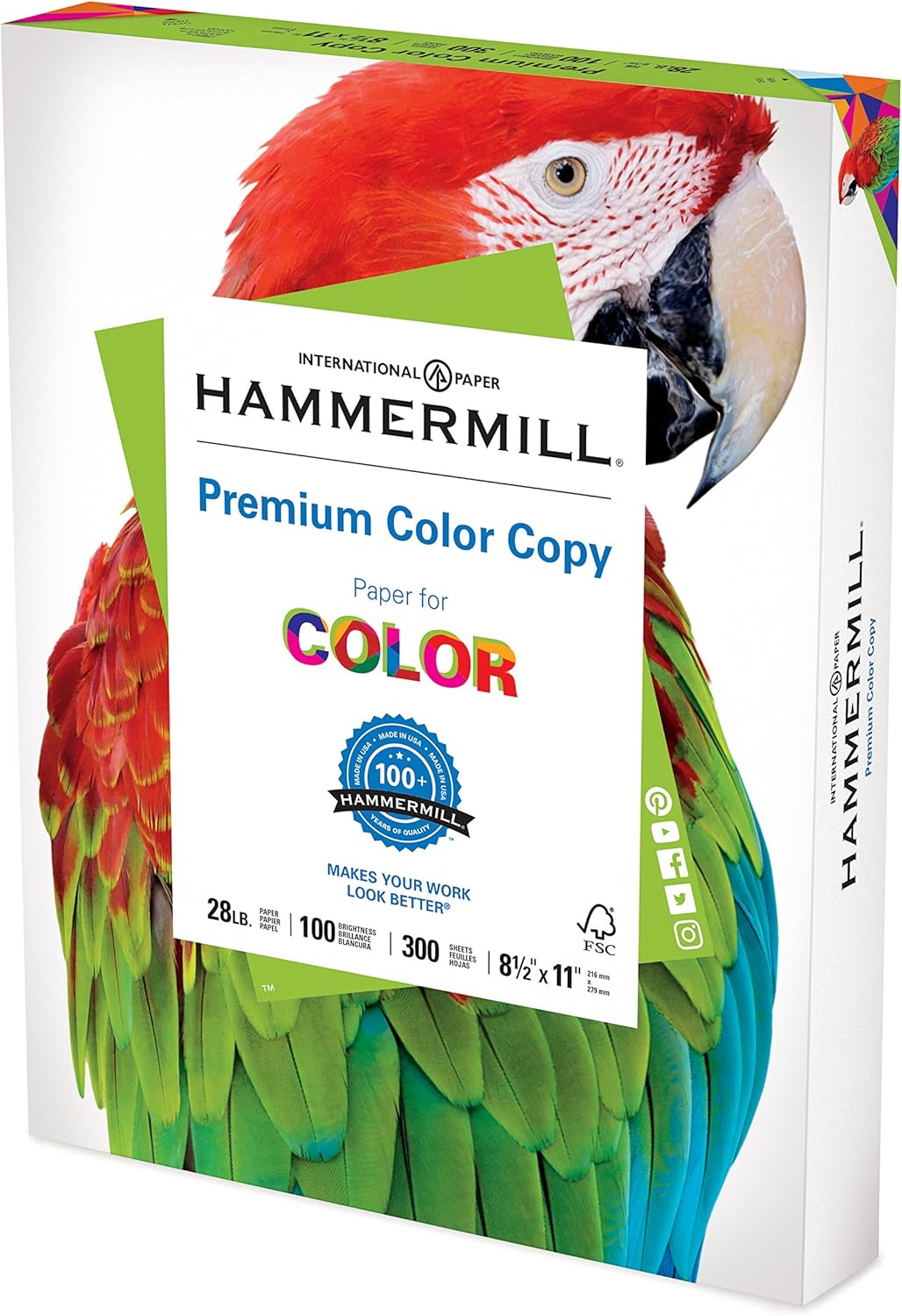 Hammermill Premium Color Copy 28lb Paper, 8.5x11, 1 Pack, 300 Sheets, Made in USA, Sustainably Sourced From American Family Tree Farms, 100 Bright, Acid Free, 102700R : Office Products