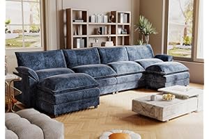 JUMMICO 159” Modular Oversized Sectional Sofa Couch, Modern Wide Arm U-Shaped Couch, Deep Seat and Reversible Ottoman, Sleeper Sofa Chenille Fabric for Living Room, Apartment(Blue, 6-Seat)