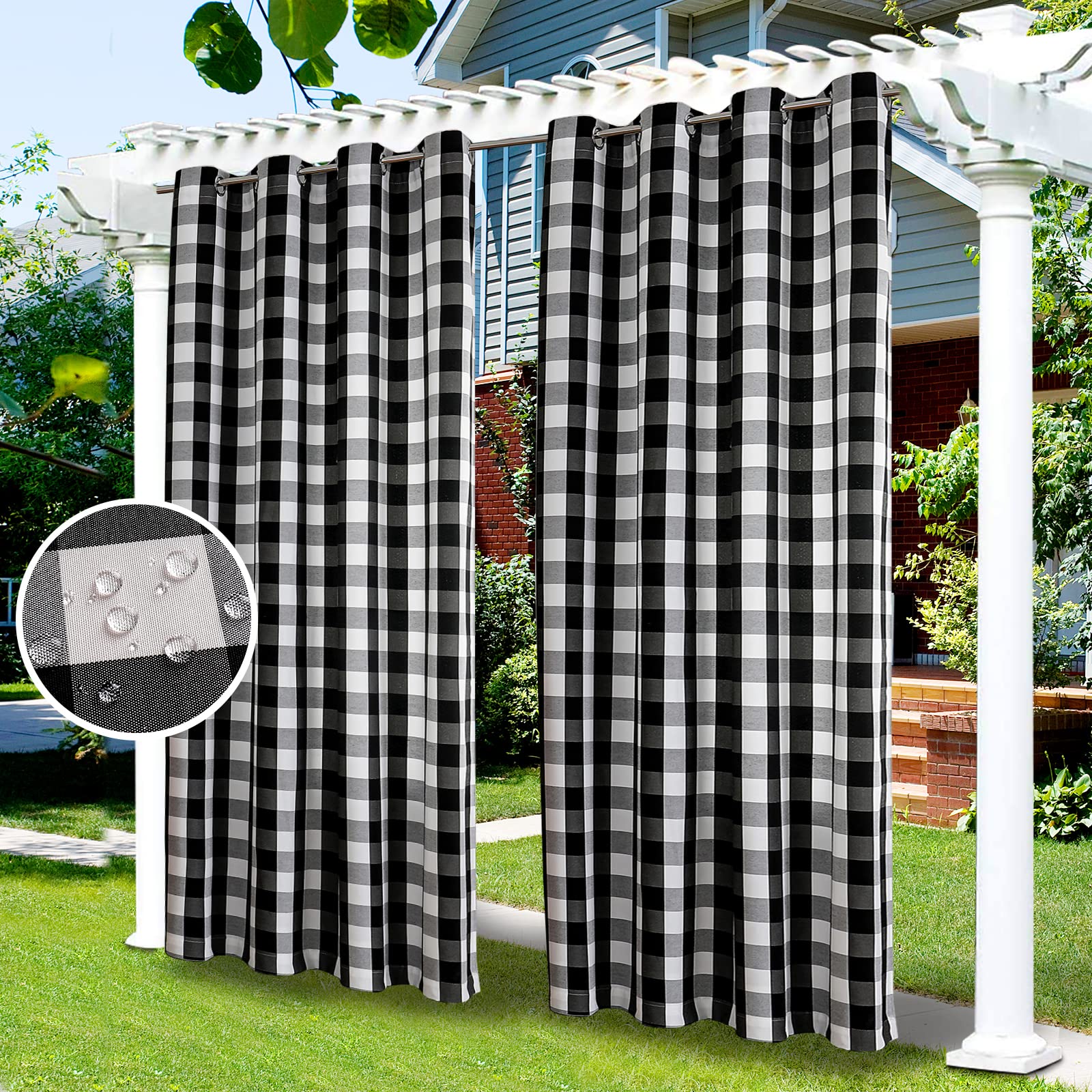 LiveGo Outdoor Patio Curtain, Blackout Waterproof Curtain, Thermal Insulated Outdoor Garden Curtain for Porch/Pergola/Yard/Sliding Door/Arbor (1 Panels, 52" W x 84" L, Black+White)