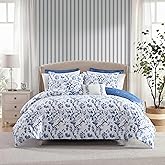 Laura Ashley - Queen Comforter Set, Soft & Reversible Cotton Bedding, Medium Weight for Year Round Comfort, 7 Piece Bed Set with Matching Pillowcases, Euro Shams & Bonus Throw Pillows (Elise Blue)