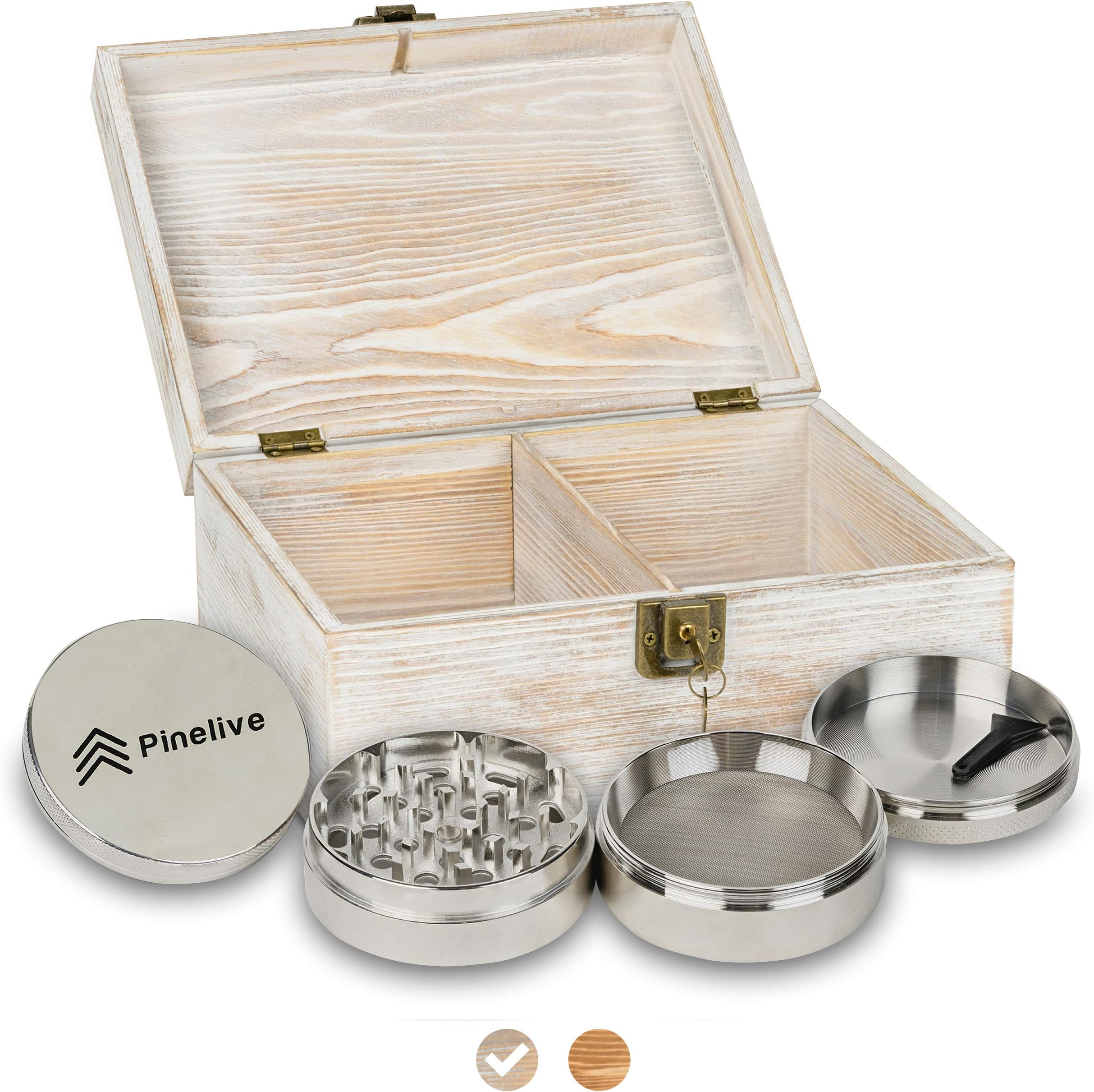 Pinelive Stash Box with Lock Kit - Stash Box Combo (Stash Box with Grinder 2.5”) Rustic Large Wood Box with Lid. Smoking Box for Tobacco Products, Raw Herb Box, Smoking Accessory (Rustic White, Large)
