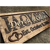 3D Wood Carved Personalized Wedding Gift Established Name Sign with Hearts | 5 Year Anniversary, Carved 3D Hearts, Family Name Signs, Couples Sign