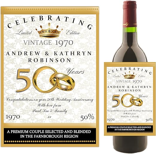 Personalised Wine/Champagne Bottle Label Golden 50th Wedding Anniversary Gift Idea N14 Amazon