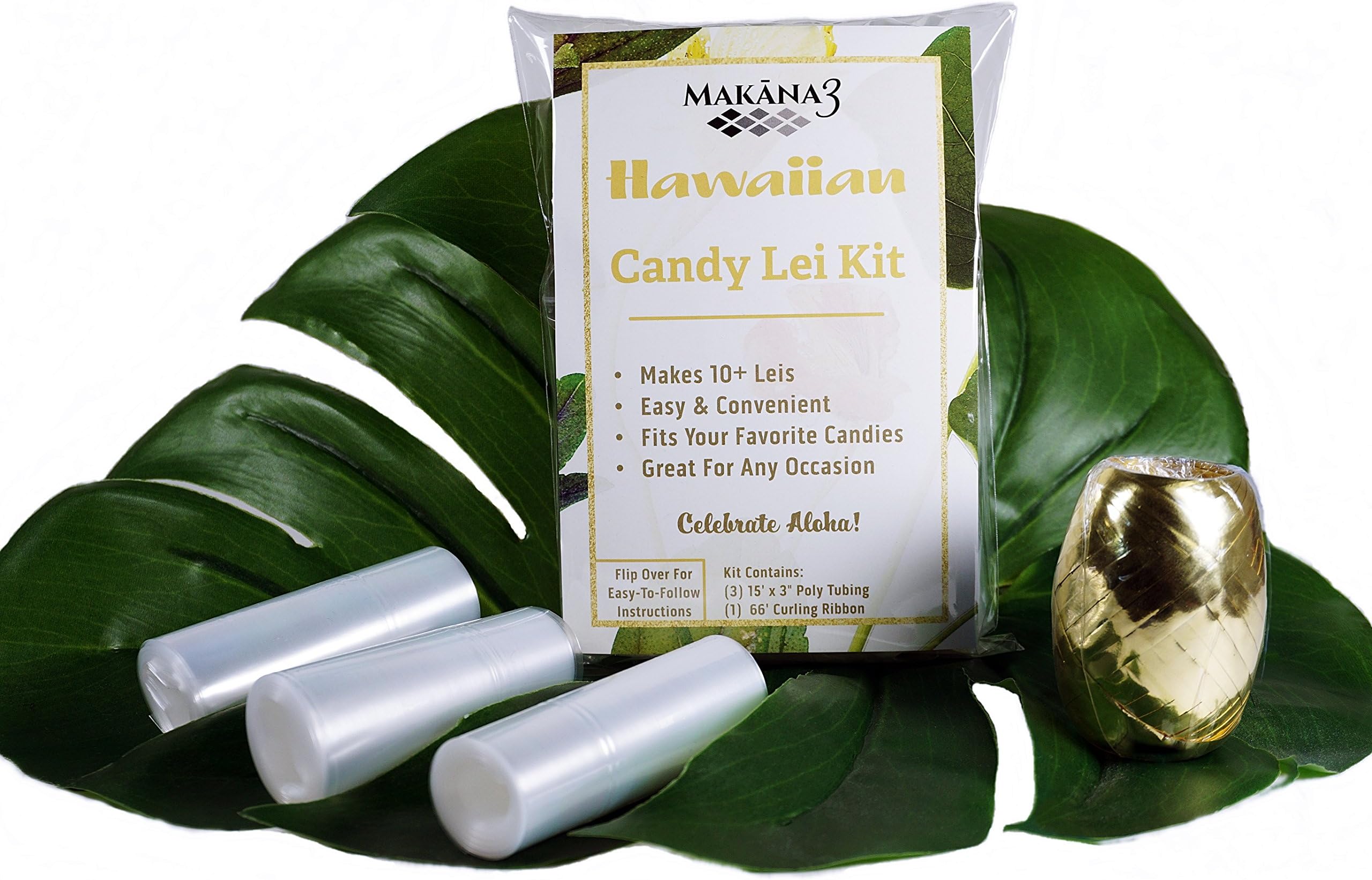 Hawaiian Candy Multi-Occasion Lei Garland Kit, Makes Up to 10 Adult Leis Or 12 Kids Leis, Available in White, Red, Blue, Gold, 4 Pcs DIY Hawaiian Candy Lei Making Kit (Gold)