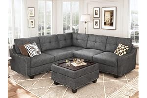 HONBAY Convertible Sectional Sofa, L Shaped Couch with Storage Ottoman, Reversible 4 Seat Corner Sofa for Small Apartment, Dark Grey
