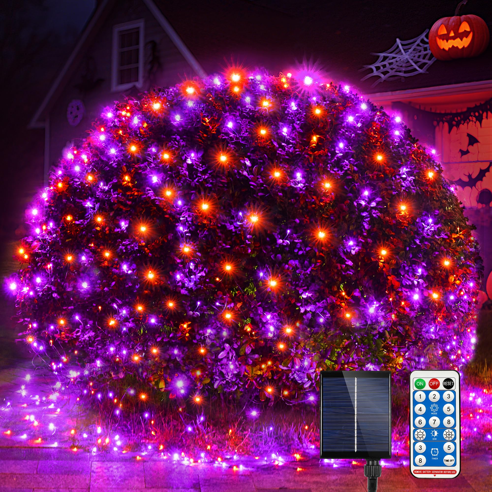 Photo 1 of *****SIMILARS****

WBao Solar Halloween Lights Outdoor 200LED 8.4ft x 5.2ft Orange Purple Halloween Net Lights with Remote, 8 Modes, Timer, IP65 Waterproof & Dark Green Wire for Lawn, Bushes, Trees, Shrubs Decorations
