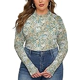 FOREYOND Plus Size Floral Mesh Tops for Women Mock Neck Long Sleeve Lace Sheer Shirts Slim Fitted Sexy Going Out Blouses