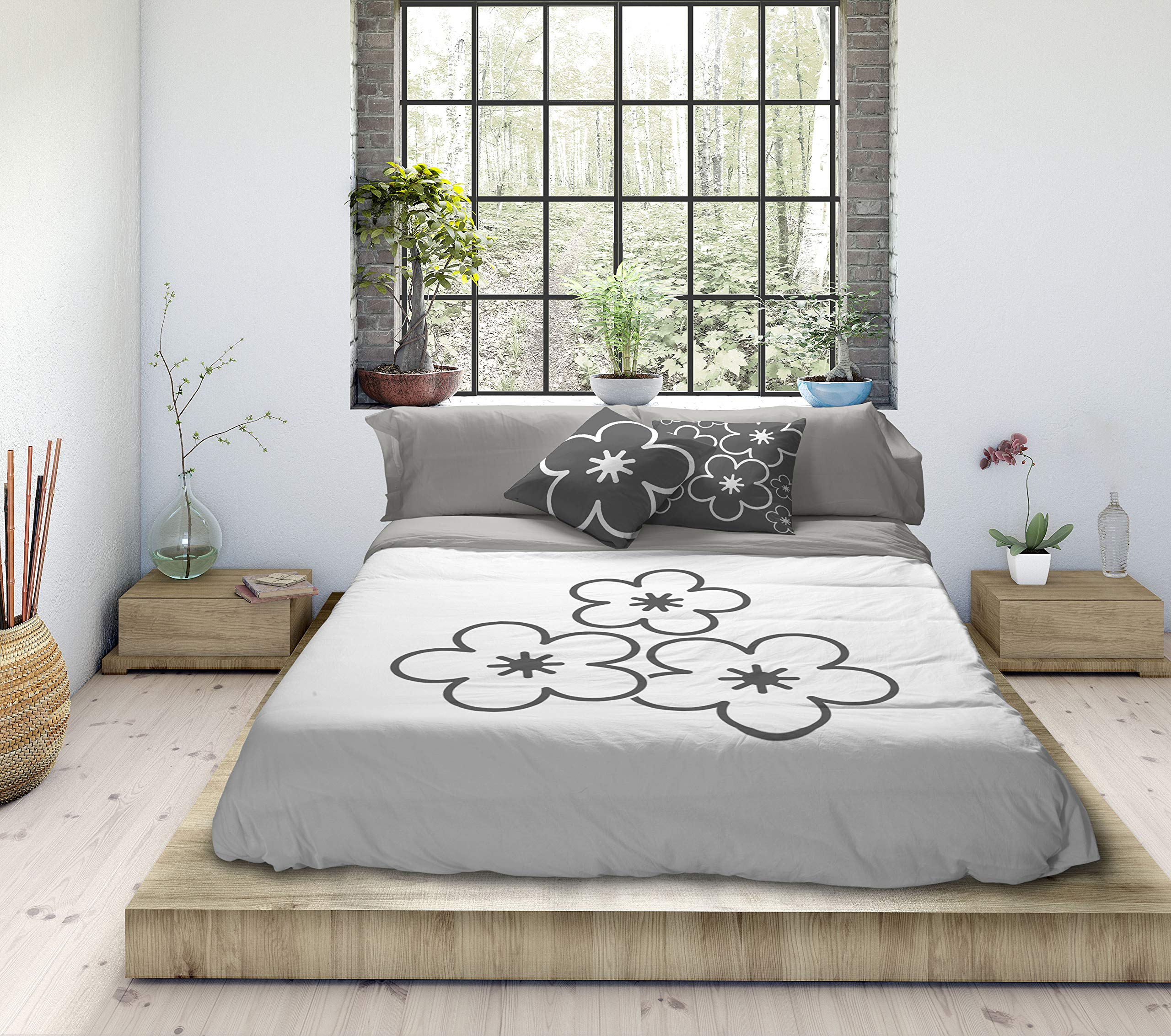 TSUKI Daisy Duvet Cover, Cotton, White, Grey, 135 cm Bed