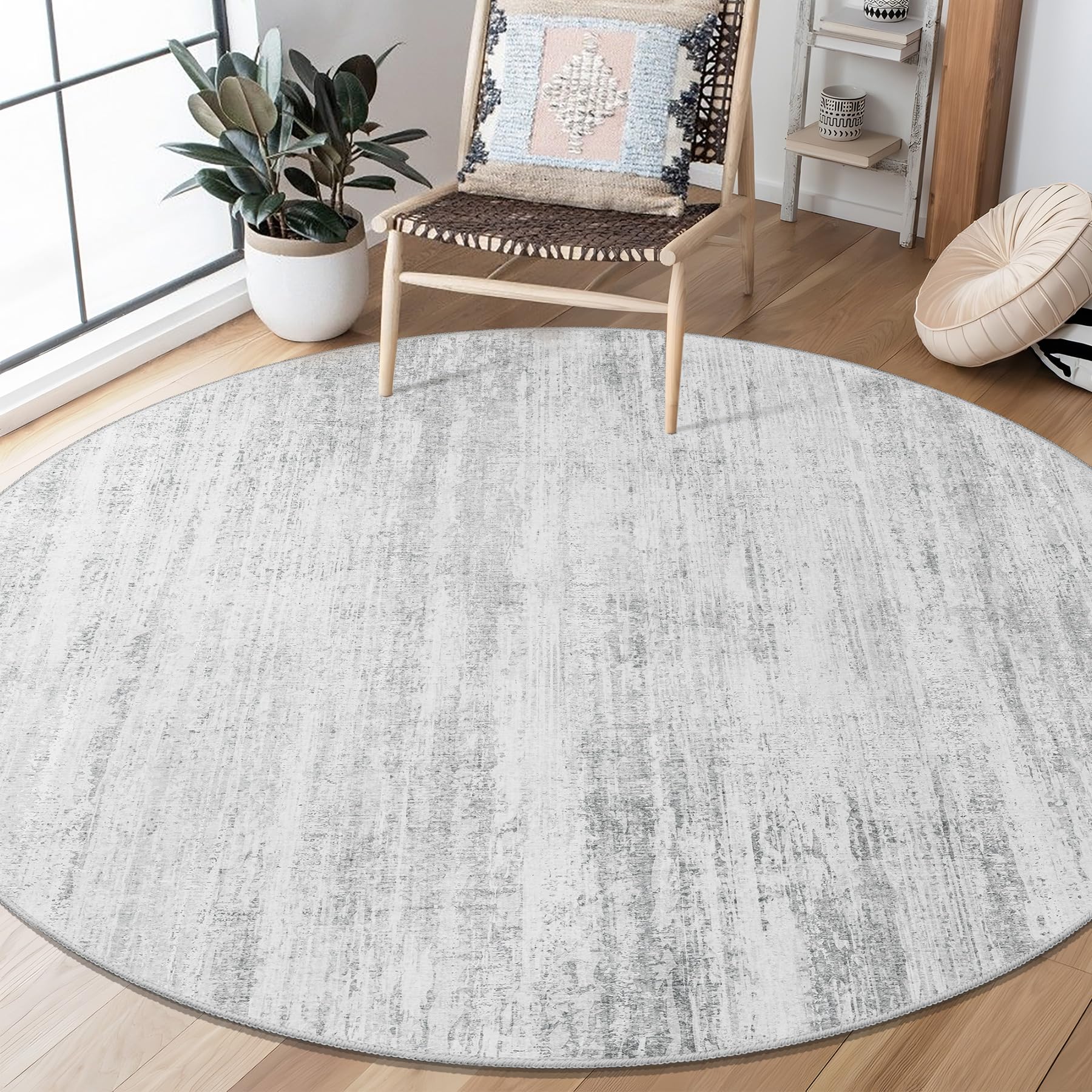 Photo 1 of MUJOO Round Rugs 5ft,Circle Area Rug Washable,Circular Rugs for Living Room Dining Room,Modern Abstract Non Slip Throw Carpet Accent Neutral Grey