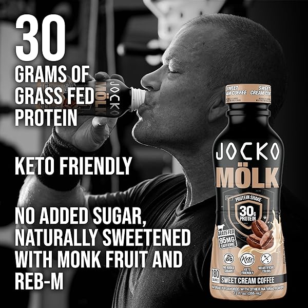 JOCKO FUEL MÖLK 30G GRASS FED PROTEIN SHAKES – NO ADDED SUGAR PROTEIN DRINKS KETO FRIENDLY – READY TO DRINK 12 FL OZ (PACK OF 12) SWEET CREAM COFFEE