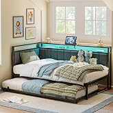 LIKIMIO Twin Daybed with Trundle, Charging Station &amp; LED, Black | Space-Saving Corner Design, Upholstered Storage Headboard, 1000LBs Sturdy Platform Metal Frame, Easy Assembly