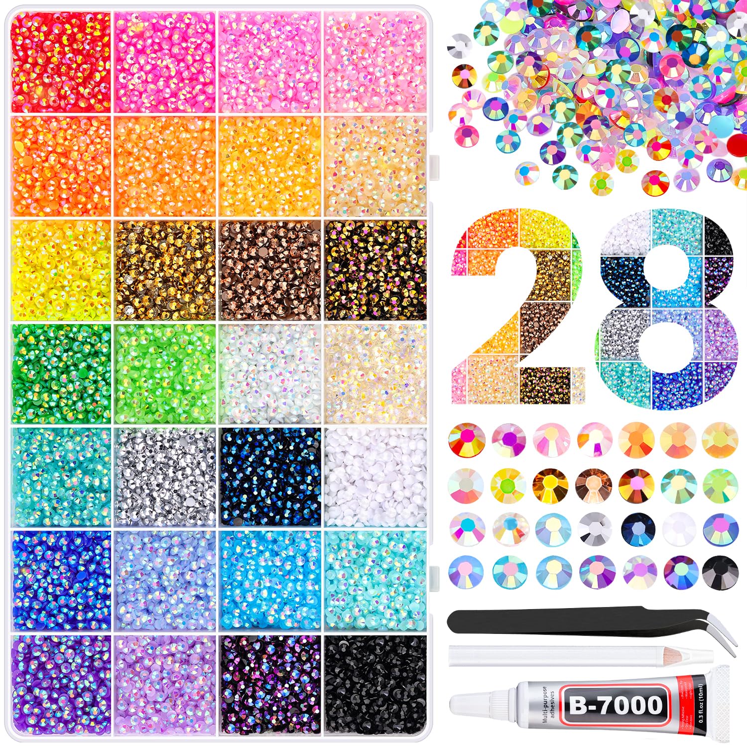 Photo 1 of 26000Pcs Resin Rhinestones with Tweezers for Crafting, Mixed-Color 3mm Bedazzling Crystal with 1Pcs 10ml B7000 Jewelry Glue for DIY Crafts Clothing Tumblers Shoes Fabric Nail Art
