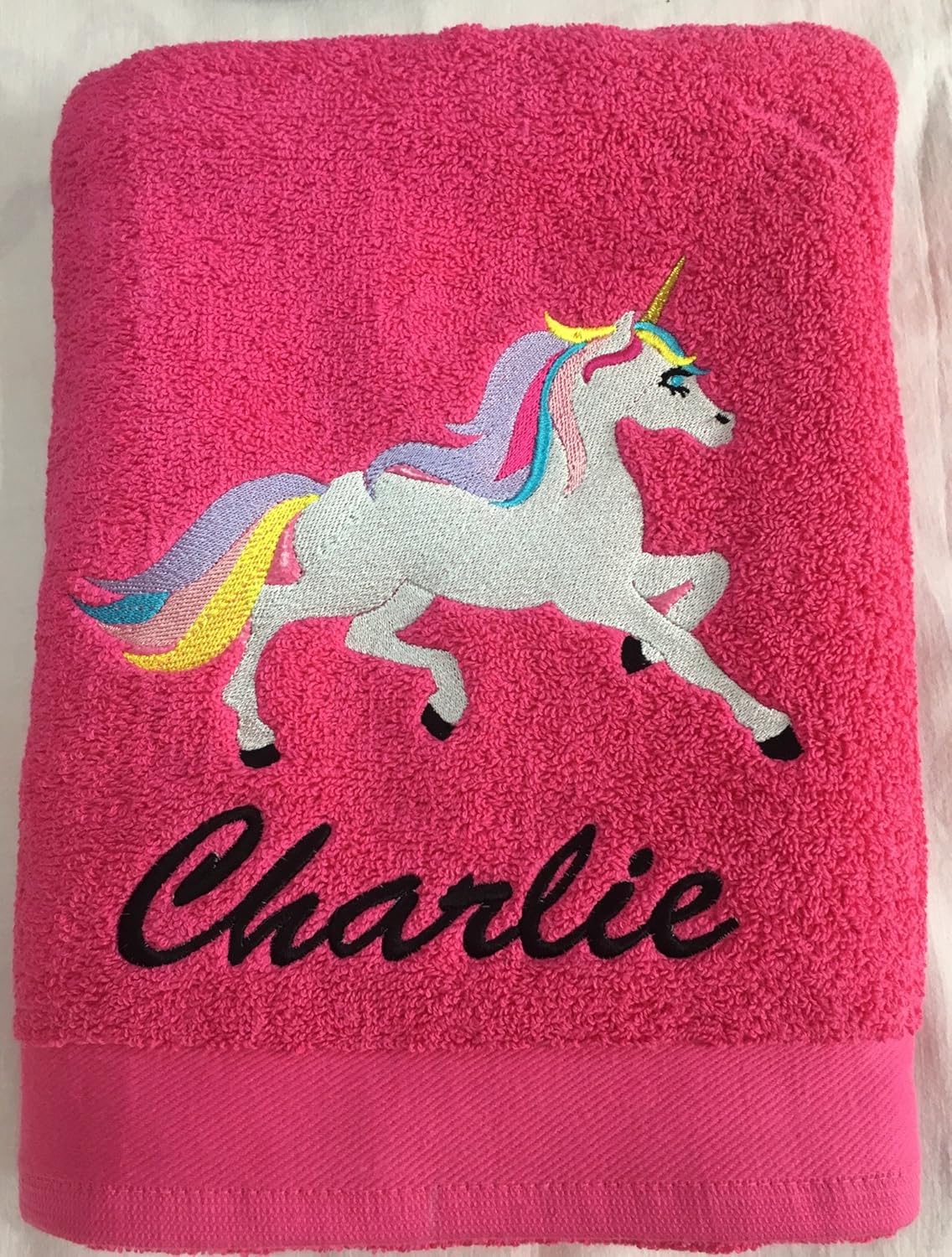 Personalised Embroidered Unicorn Bath Beach Swimming Towel (Bright Pink) Amazon.co.uk Kitchen