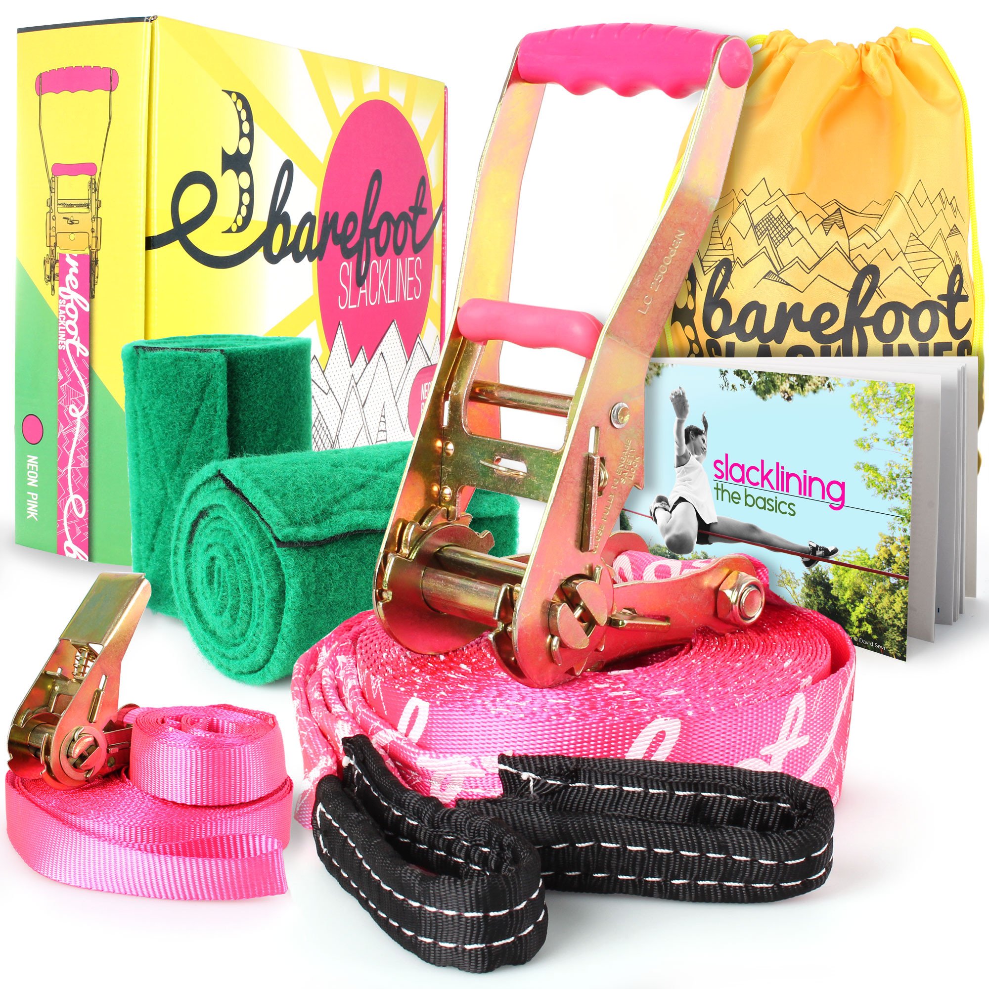 Barefoot Slackline Kit 60ft (18m) Complete Set Including, Ratchet, Training Line, Bark Protectors & Instructions! Designed for both Kids & Adults - (Neon Pink)