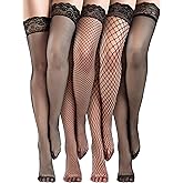 Bencailor 4 Pairs Fishnet Thigh High Stocking for Women Silicone Lace Top Sheer Over Knee High Silky Stockings