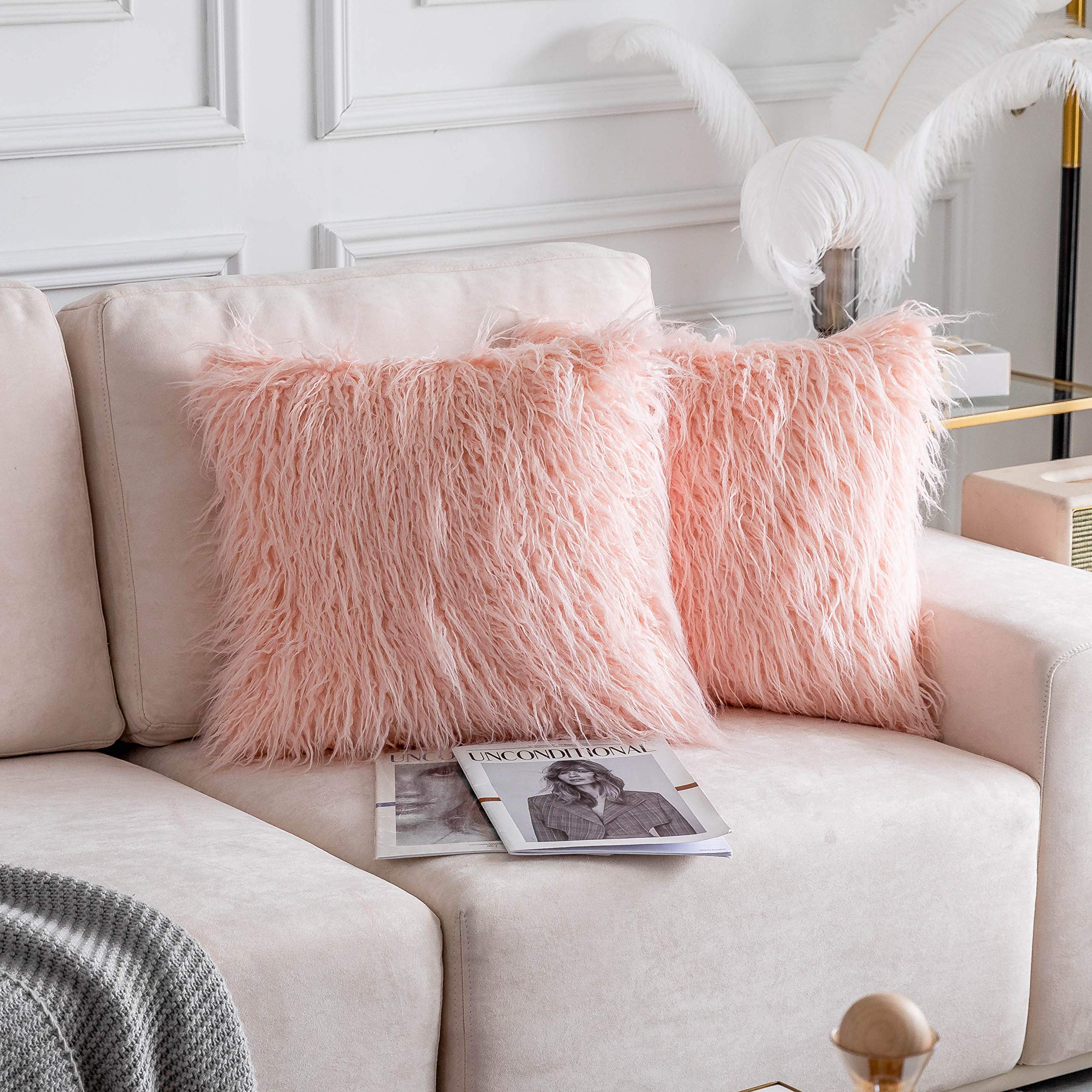 Home Brilliant Pink Cushion Cover 50cm x 50cm, Faux Fur Decorative Cushion Protectors Luxury Fuzzy Cushion Covers for Sofa Bed, Set of 2, 20 inches, (50cm, Pink)