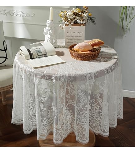 Warm Home Designs Nappe De Mariage Ronde Blanche De 228,6 Cm, Nappe élégante En Dentelle Pour Tables Rondes, Motif Floral Pour Décoration De Cuisine Rustique Ou Décoration De Mariage. MTC Blanc Rond