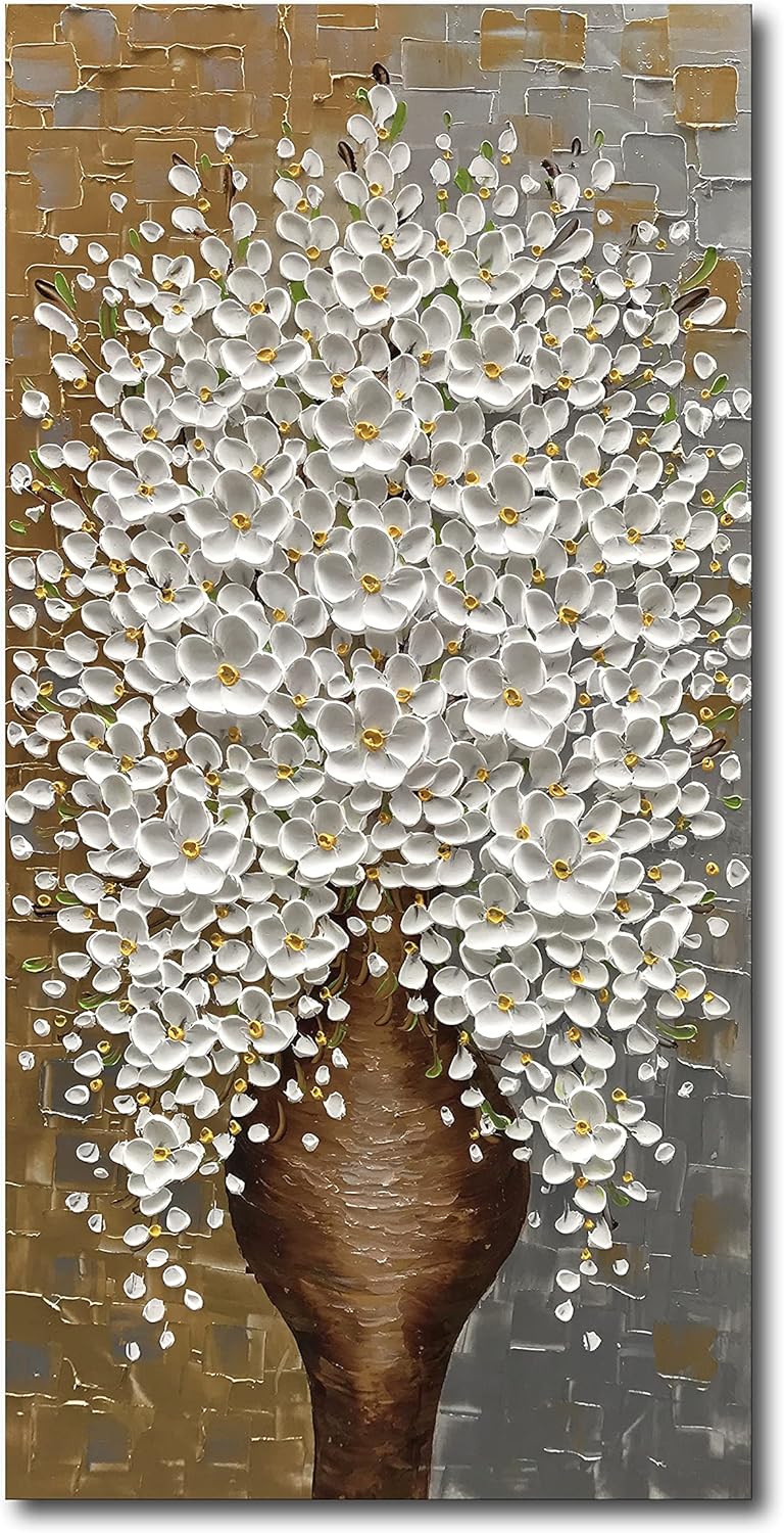 Paintings - Diathou Art Vertical 3D Floral Wall Art 121.96 x 60.96cm hand-painted white flower vase oil painting Wall Art Home decoration can be directly hung