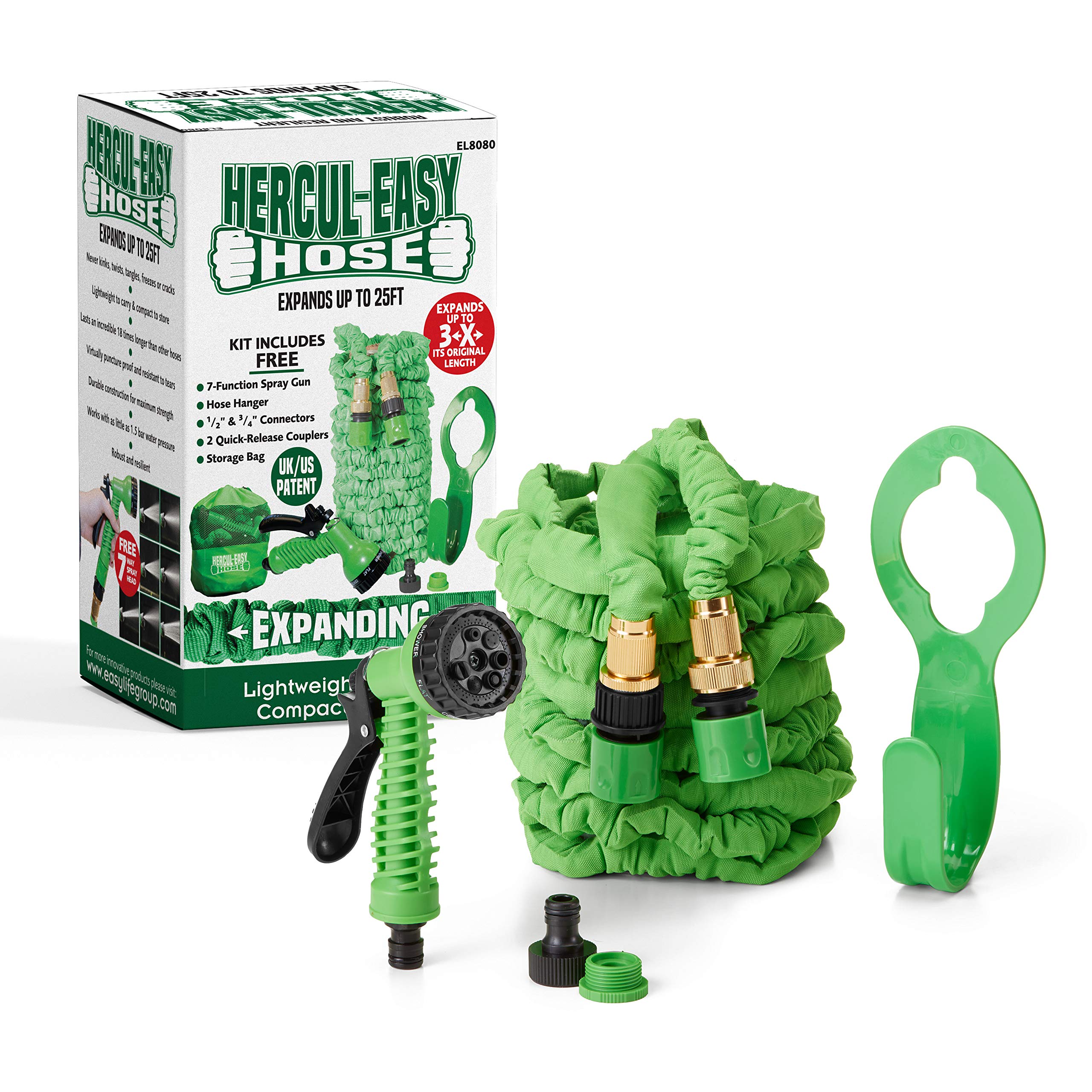 Hercul-Easy Expandable Garden Hose Set – Flexible Hose with 7 Way Spray Gun - Aluminium & Brass Connectors, Hose Holder & Tap Connectors - Water Pipe with Free Storage Bag, 25ft, Green
