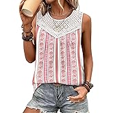 XIEERDUO Womens Tank Tops Sleeveless Lace Crochet Boho Tops Loose Fit Pleated Tunics Crewneck Summer Vacation Outfits Flowy