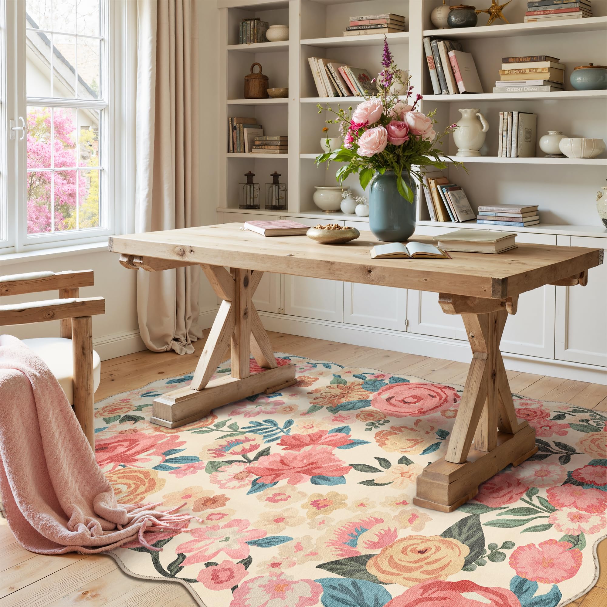 PureCozy Washable Floral Area Rug 3x5 Beige Office Carpet Scalloped Flower Non Slip Soft Entrance Door Mat Farmhouse Low Pile Thin Indoor Floor Cover for Kitchen Bathroom Bedroom Laundry Living Room