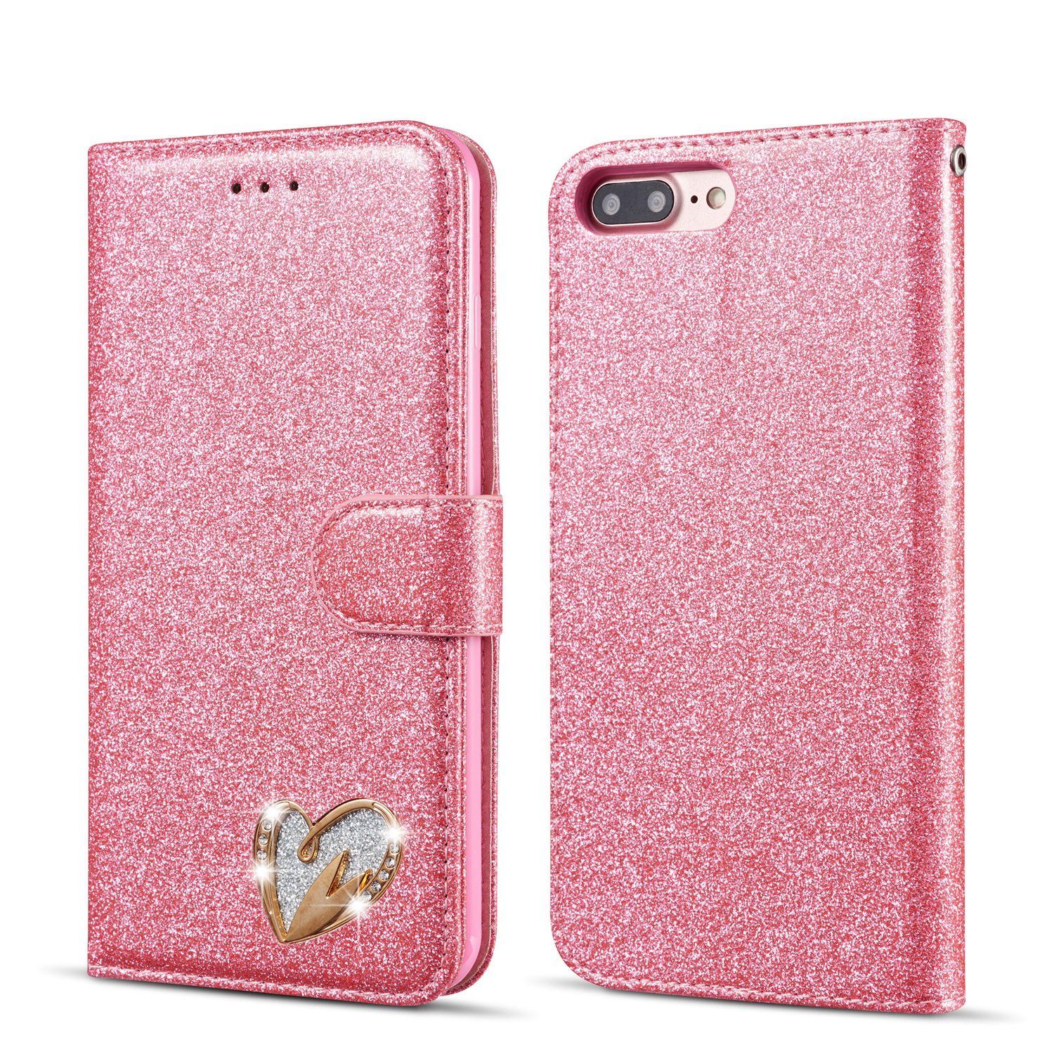QLTYPRI Wallet Case for iPhone 7/8/SE 2020/SE 2022 5G, Glitter PU Leather Case Card Holder Kickstand Wrist Strap Inlaid Heart Diamond Flip Folio Cover for iPhone 7/8/SE 2020/SE 2022 - Pink