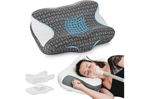 Elviros Cervical Neck CPAP Pillow for Sleeping, Ergonomic Adjustable Height Neck Support Memory Foam Bed Pillow for CPAP Users with Sleep Apnea, Suitable for Side and Back Sleepers