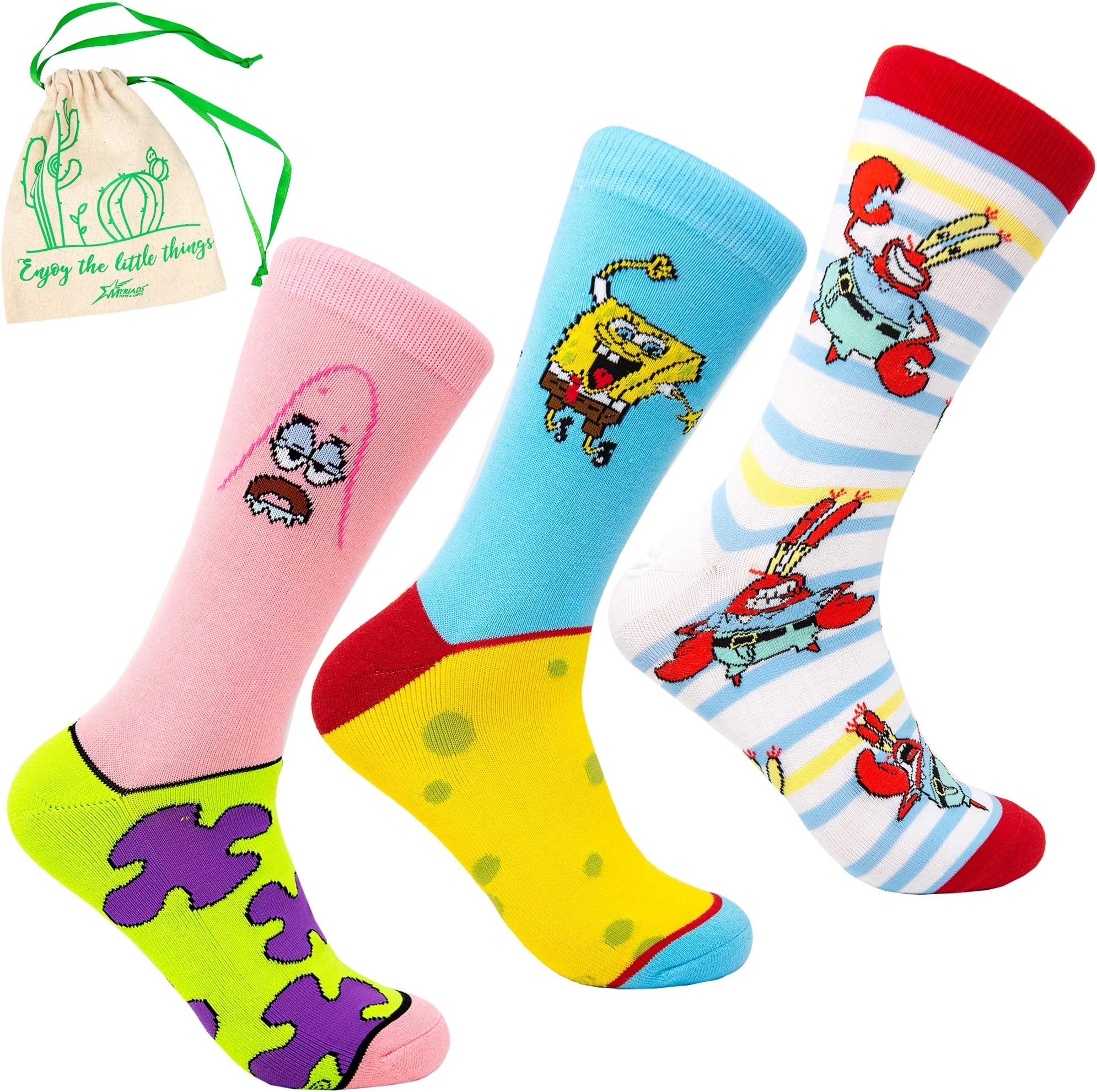 Cool Socks SpongeBob SquarePants 3 Pack of Crew Socks - SpongeBob, Patrick, and Mr. Krabs, with Myriads Drawstring Bag