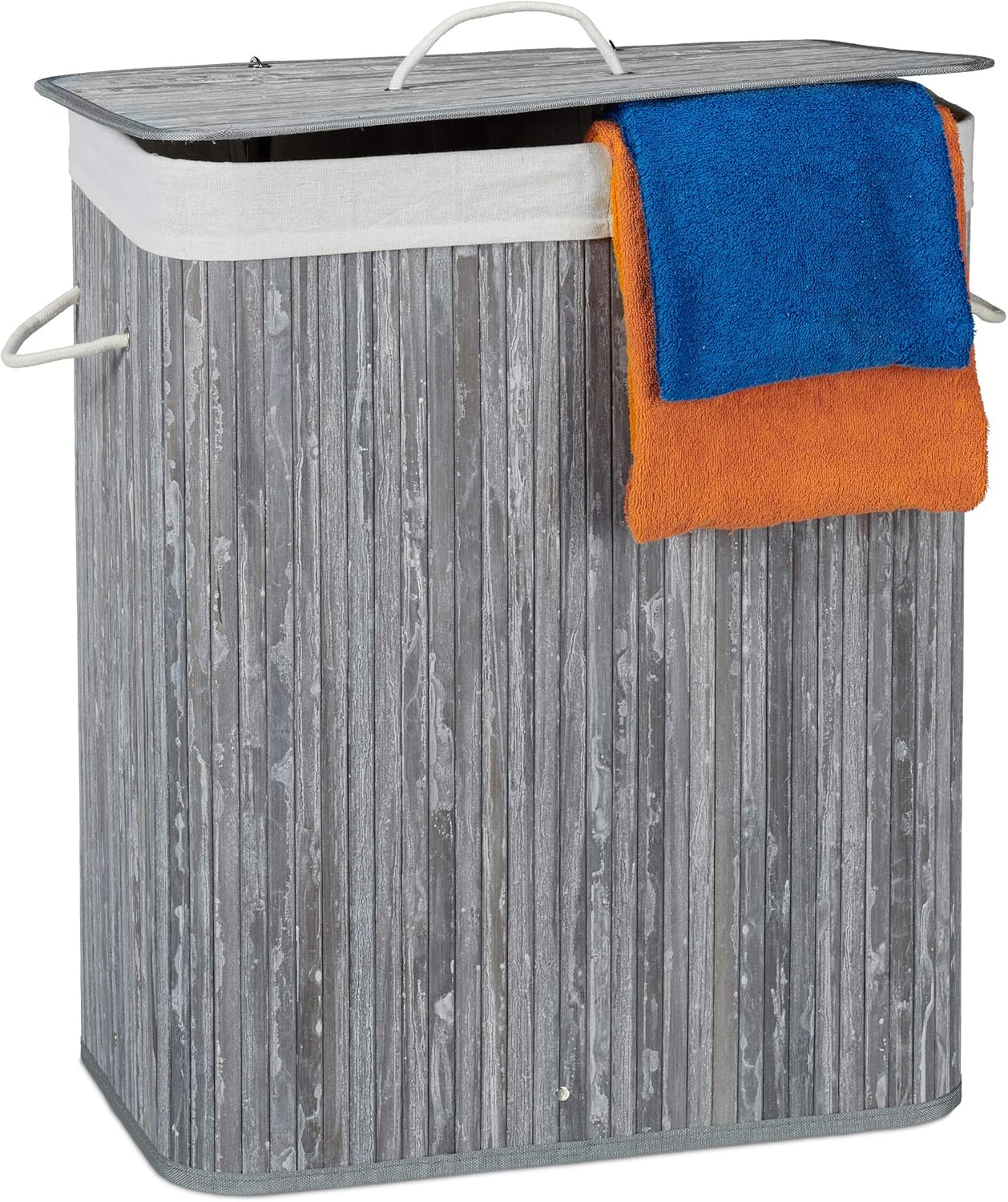 Relaxdays Lidded Bamboo Laundry Hamper, 100 L, Clothes Container, 2 Compartments, Folding, Rectangular Basket, Bathroom, Grey