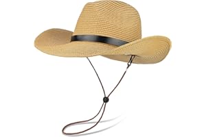 EINSKEY Adjustable Straw Cowboy Hat for Men Women, Western Cowgirl Hat Shapeable Wide Brim Sun Hat with Detachable Chin Strap