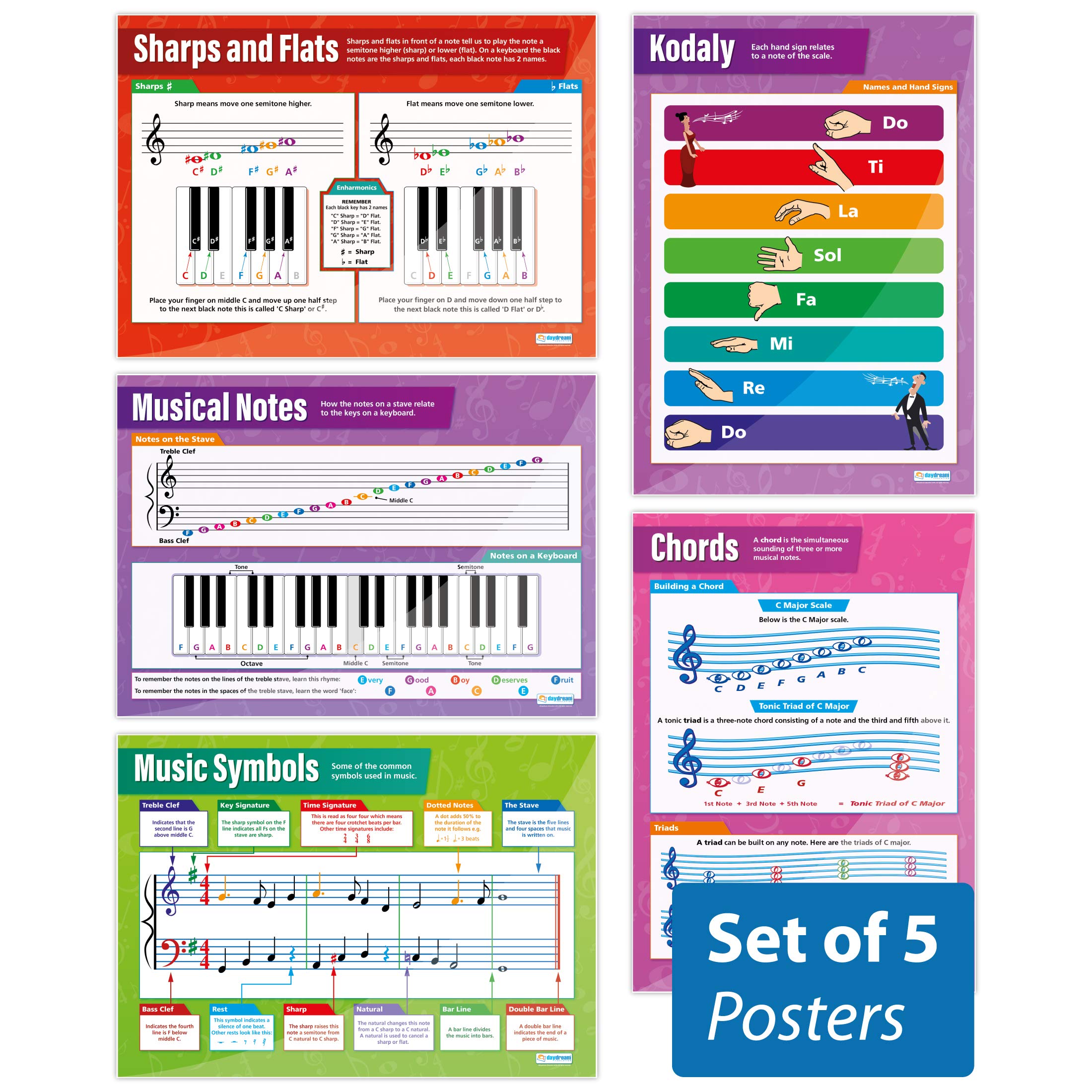 Music Theory Posters - Set of 5 | Music Posters | Laminated Gloss Paper measuring 850mm x 594mm (A1) | Music Charts for the Classroom | Education Charts by Daydream Education