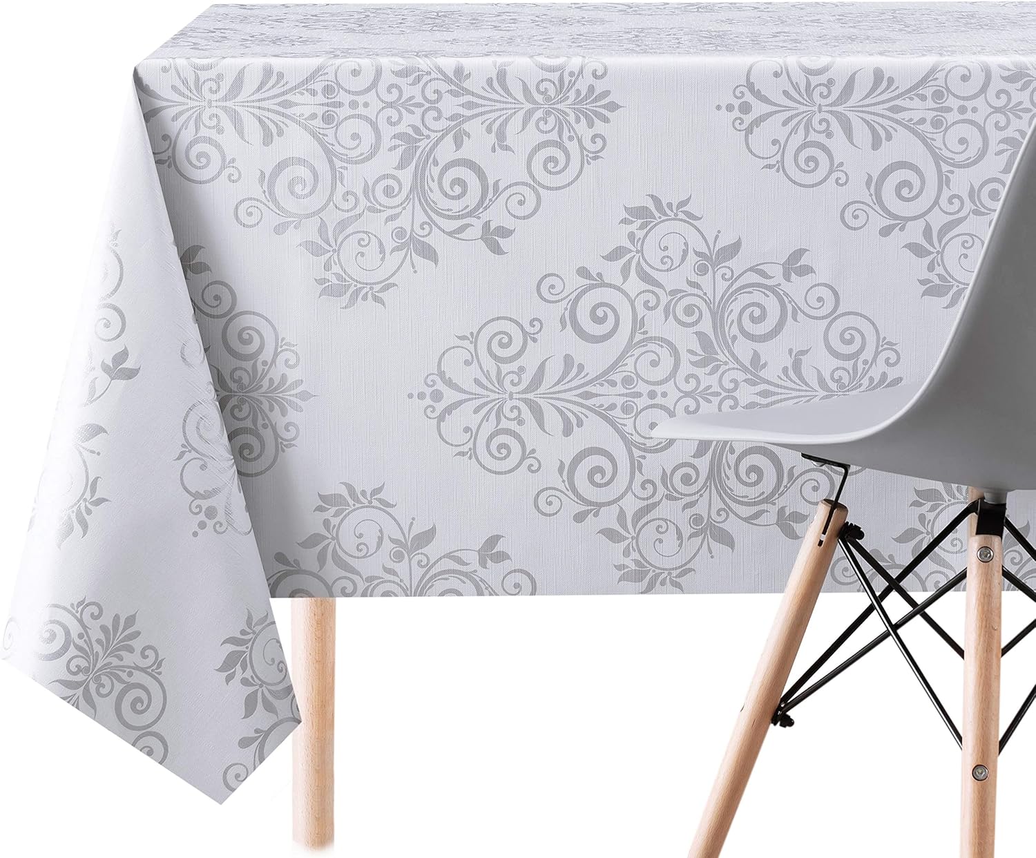 KP HOME Silver Grey Oriental Damask PVC Wipe Clean Oilcloth Tablecloth