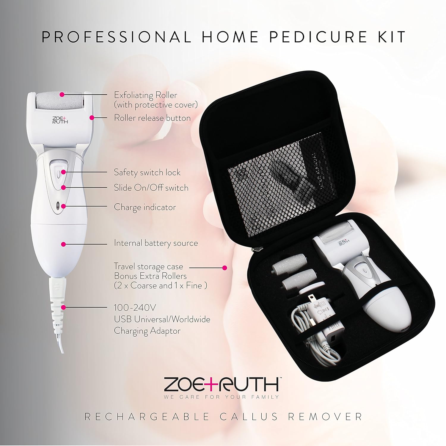 Electric Callus Remover USB Rechargeable Pedicure Foot File tool by Zoe+Ruth for Dry Cracked Dead Skin on your Heels and Feet. International Charger, 3 Rollers & Travel Friendly Storage Case. : Beauty