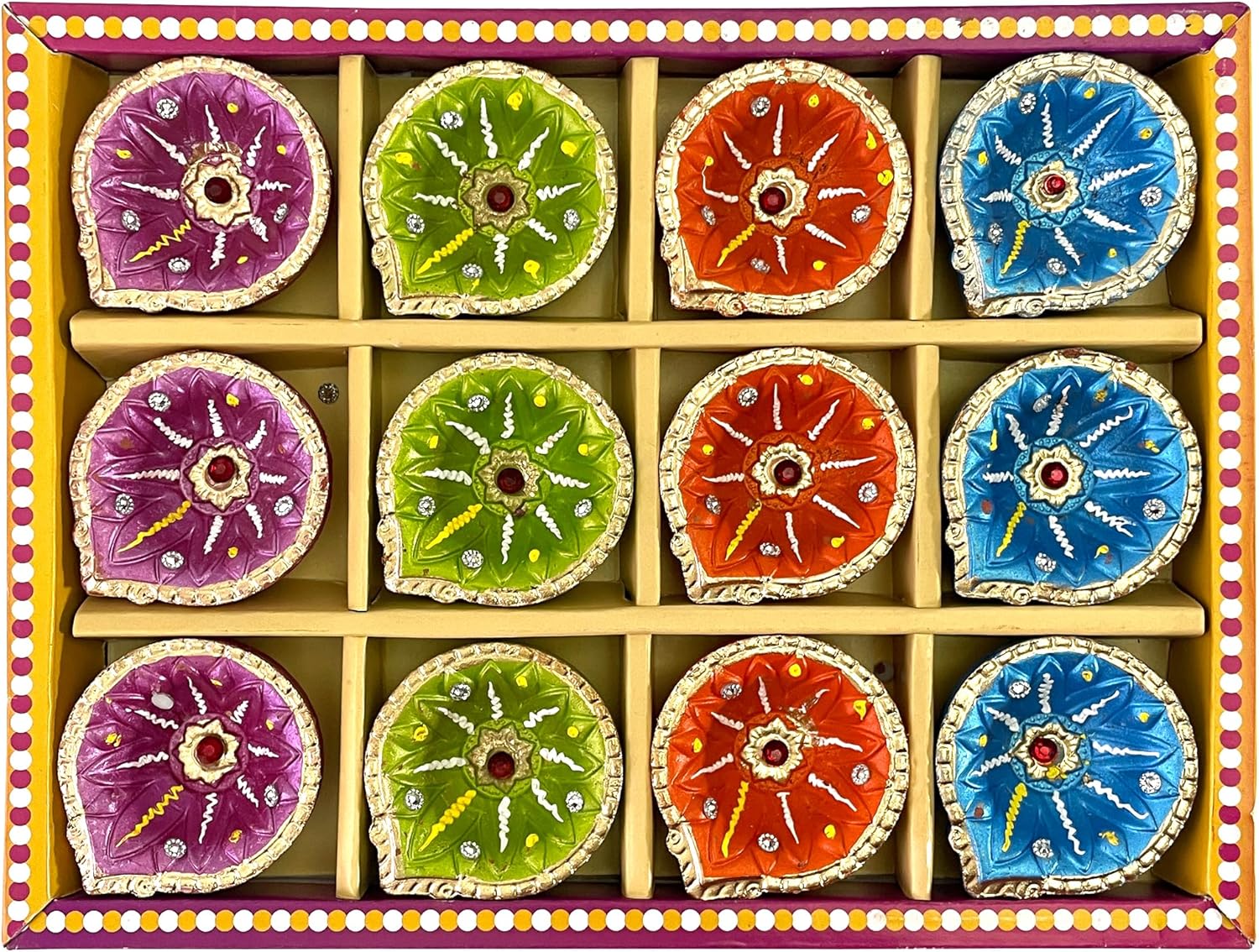 Oil Lamps & Accessories - KSJONE 12 Pcs Hand Painted Diwali Decoration Diwali Clay Diya with Cotton Wicks Oil Lamp Indian Festive Home Decoration Traditional Temple Pooja Laxmi Puja Diyas Diwali Decor