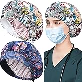 ABAMERICA 2 Pack Bouffant Caps with Button and Sweatband, Adjustable Scrub Caps for Women Men, One Size Multi Color