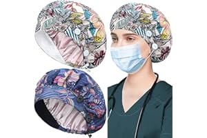 ABAMERICA 2 Pack Bouffant Caps with Button and Sweatband, Adjustable Scrub Caps for Women Men, Satin Layer