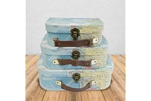 wald imports - Set of 3 Paperboard Suitcases -Decorative Storage Boxes - Suitcase Set for Decoration, Storage, and More (Blue Map)