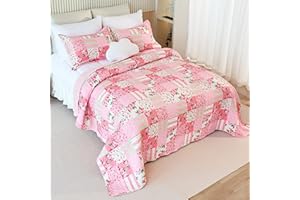 Cmfshape Floral Bedspread with 1 Pillow sham-Twin Size,Patchwork Pink Quilt Set 2 Piece,Summer Quilt for Girls,Lightweight Reversible Bed Coverlet for All Seasons(Twin68 x86 Pink)