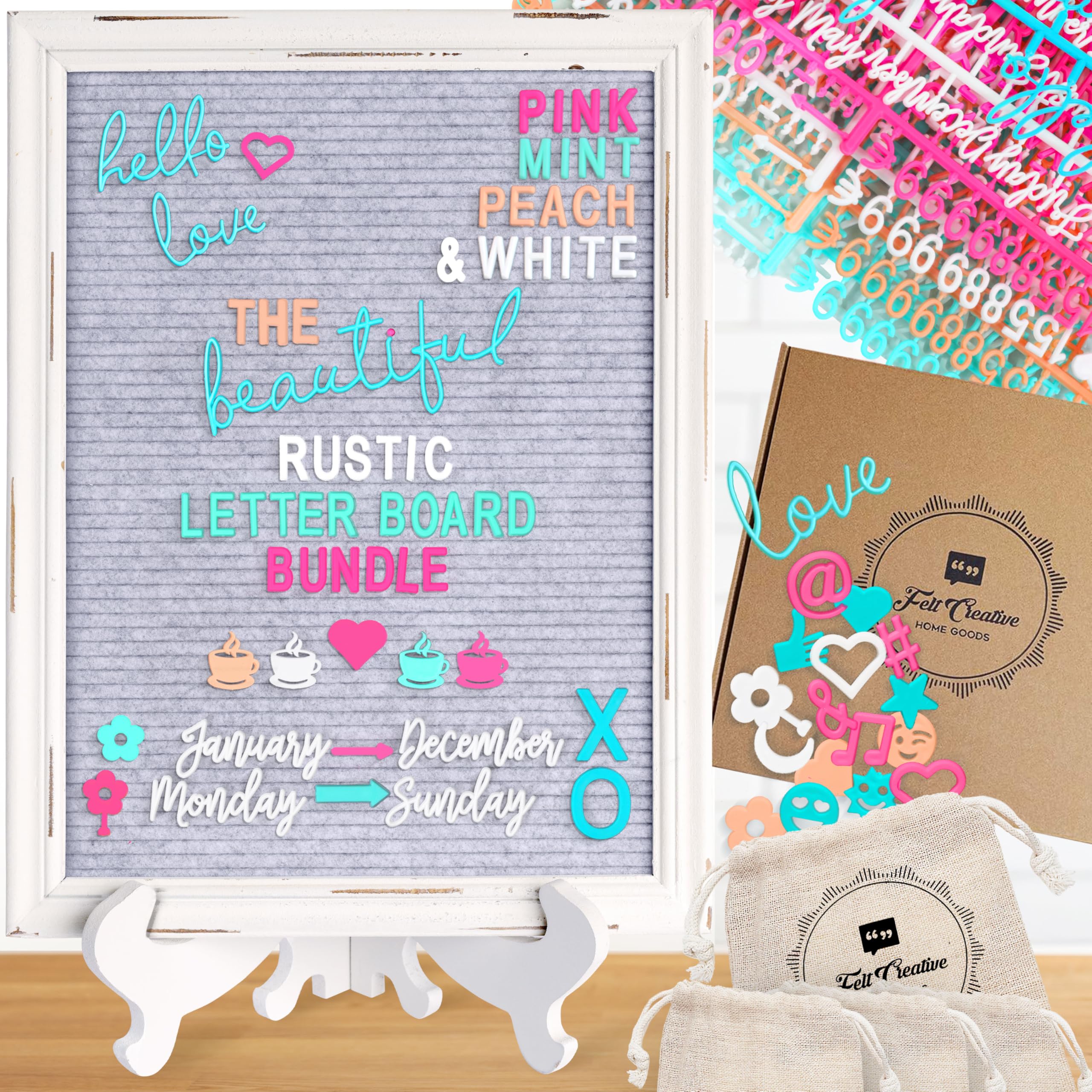 Felt Creative Home Goods Rustic Felt Letter Board Ultimate Bundle Farmhouse Vintage White Wood Frame and Stand Changeable Message Memo Board 800+ Letter Set and Custom Easel (Grey, 12x16 Inches)