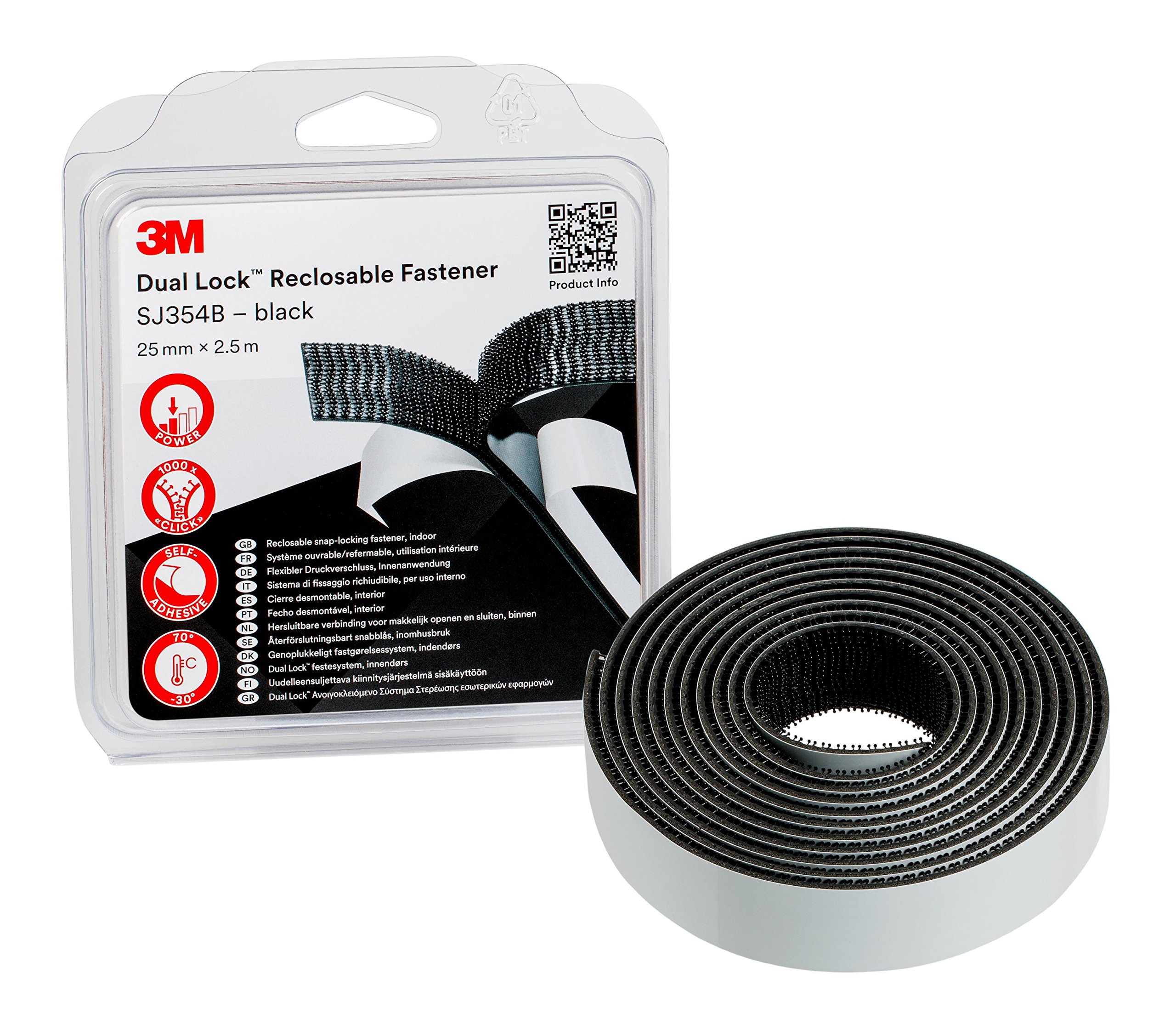 3M Dual Lock Reclosable Fastener SJ354B - bonds well to many low surface energy materials (polypropylene, polyethylene) and critical paints - 25 mm x 2.5 m, engaged thickness 5.7 mm, black (1 Pack)