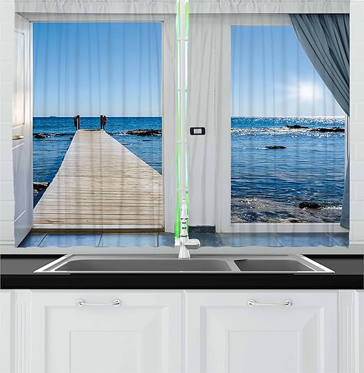 Amazon Com Ambesonne Beach Kitchen Curtains Coastal Theme With