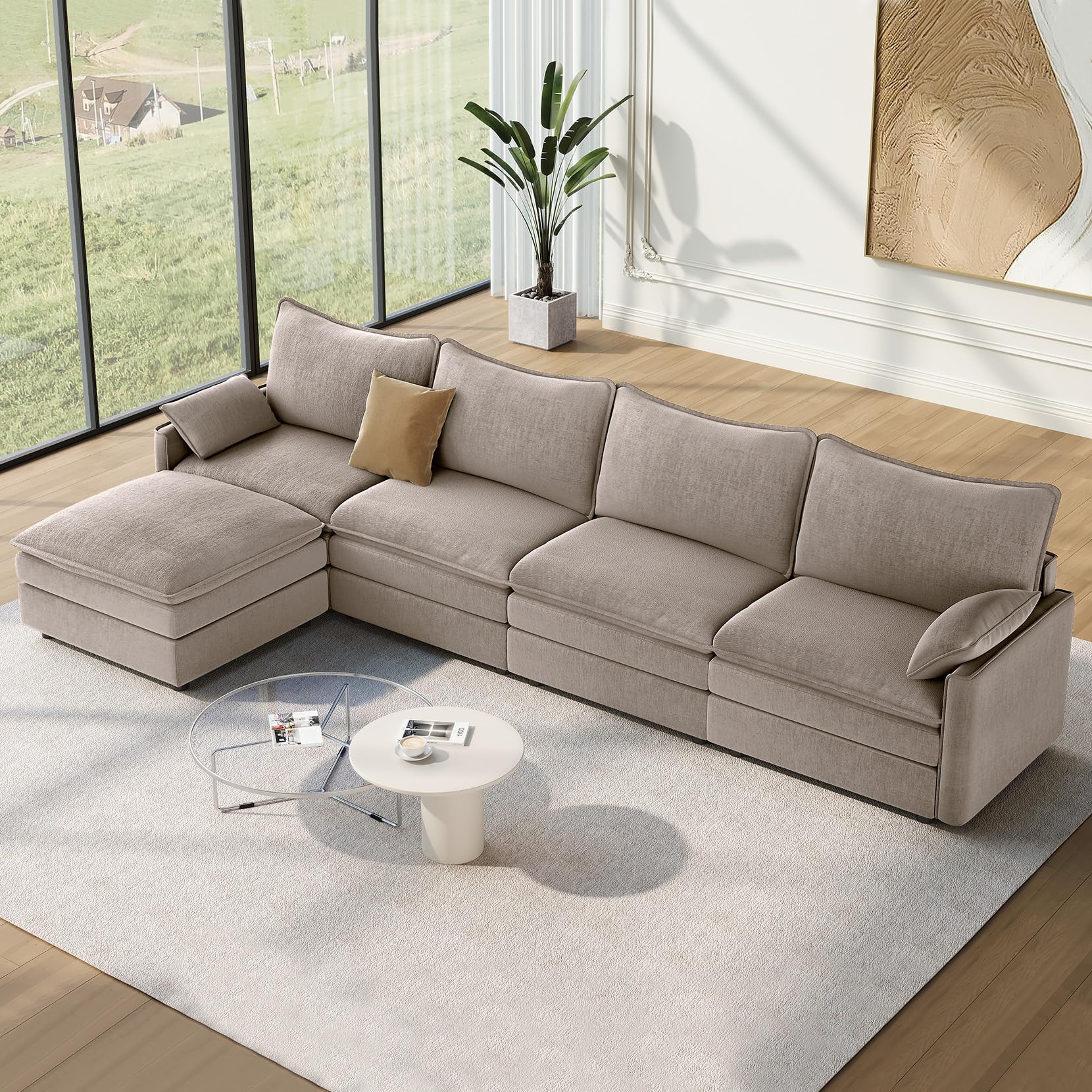 Photo 1 of ***3 BOXES***Vesgantti 142" Cloud Couch Sectional Modular Sofa, Comfy Sectional Couch with Ottoman Deep Seat Chenille L Shaped Sofa, Modular Couches for Living Room, Bedroom and Apartment, Light Brown
