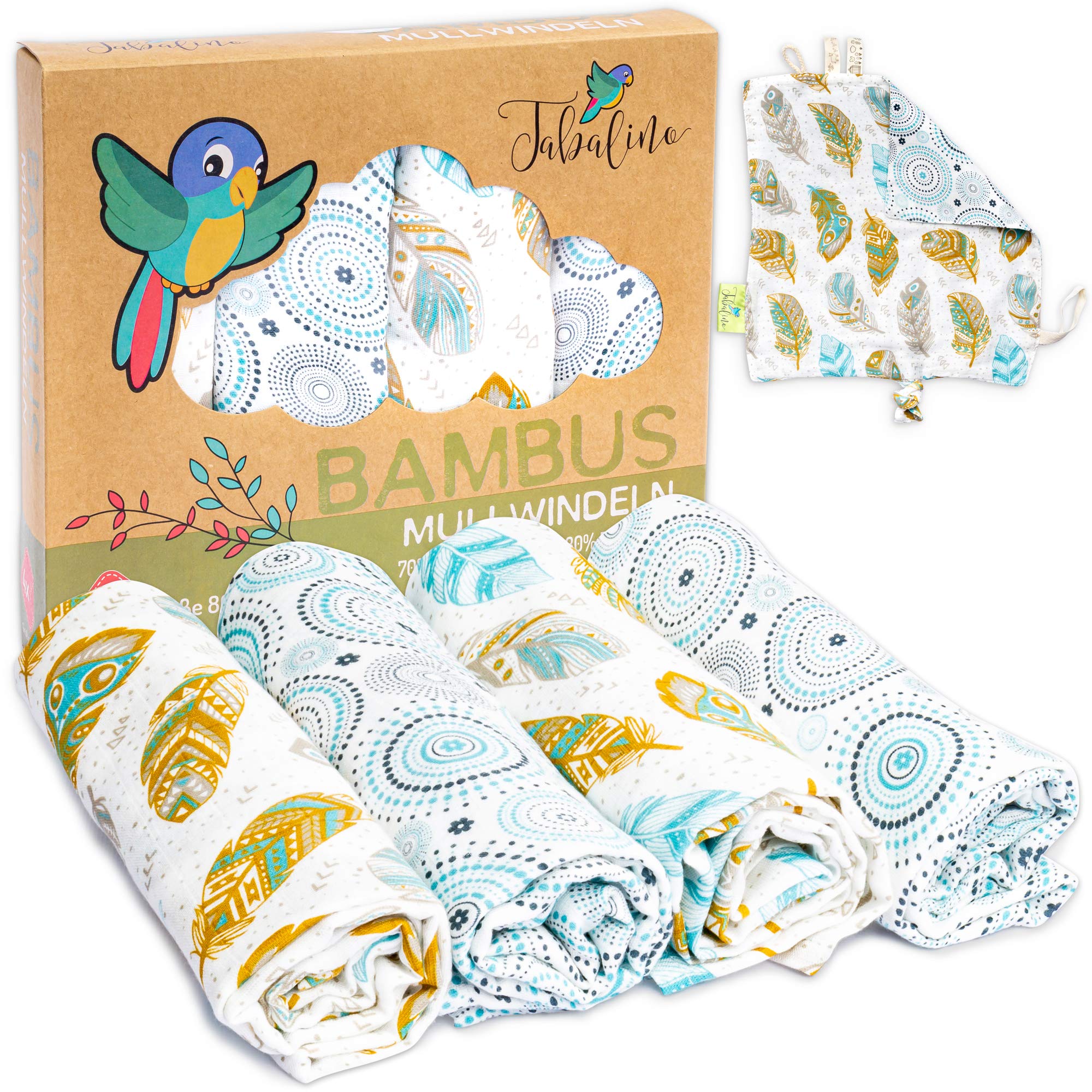 Tabalino Super Soft Bamboo Muslin Nappies Burp Cloths Baby Muslin Cloths Boy 80 x 80 cm Pack of 4 with Comfort Blanket Double Woven Fabric Nappies Molleton Cloths 30% Cotton (Feathers)