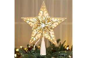 ODEETRONIC Star Christmas Tree Topper, 9" Gold Tinsel 3D Double Side Tree Topper Lights, Glitter Ligthed Christmas Tree Topper with 10 Clear Lights, 120V UL Certified Star Treetop for Xmas Home Party