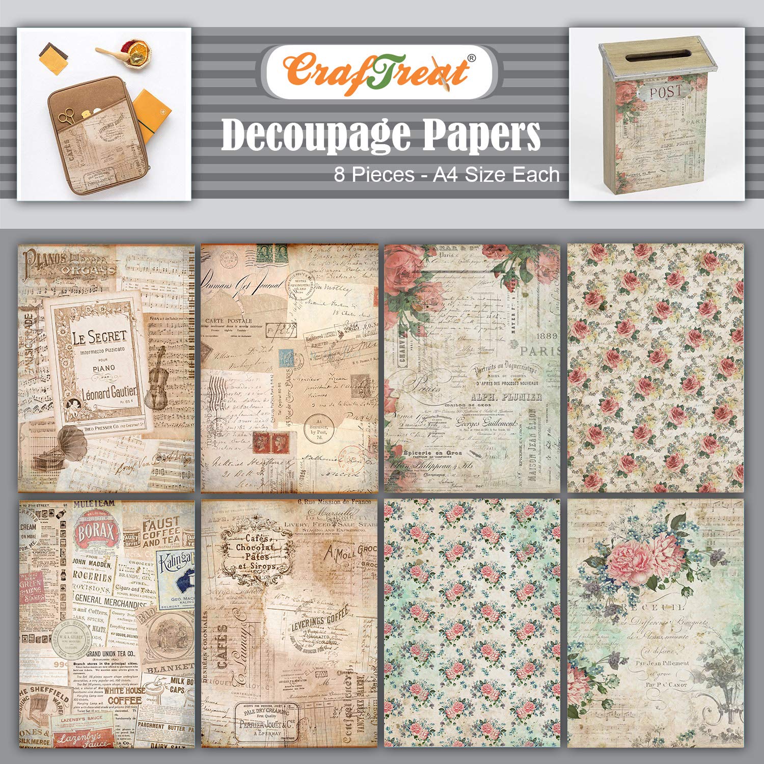 CrafTreat Reusable Vintage French Decoupage Paper for Crafts - French Background and Floral Fantasy - Size: A4-8 Pcs - Paper for Scrapbooking - Furniture Decoupage Paper French Writing