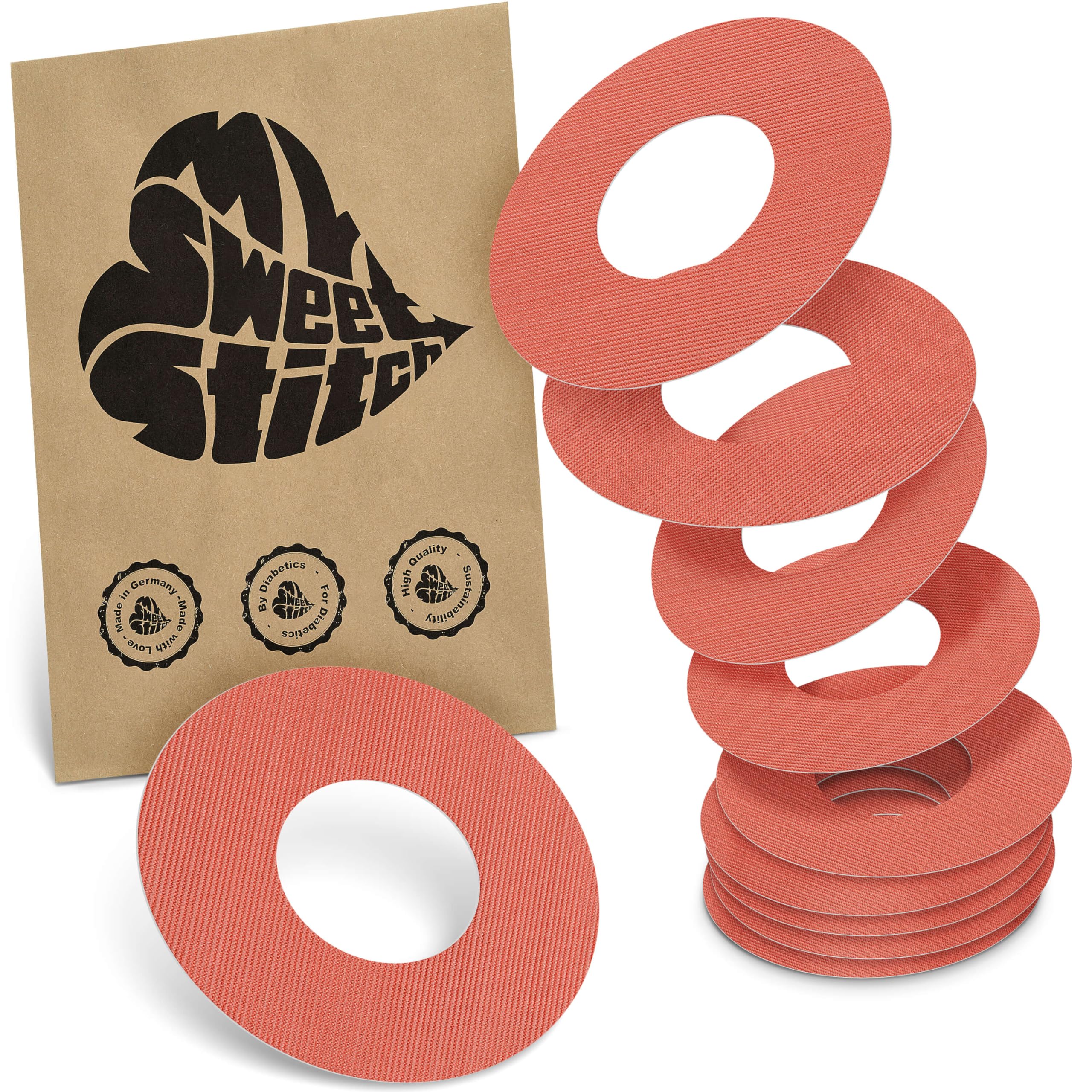MySweetStitch - 10 x Freestyle Libre 1 & 2 Patches, Ring Patch Ø 65mm, Inner Ø 28mm, Waterproof, Breathable, Skin-Friendly, Made in Germany, Coral