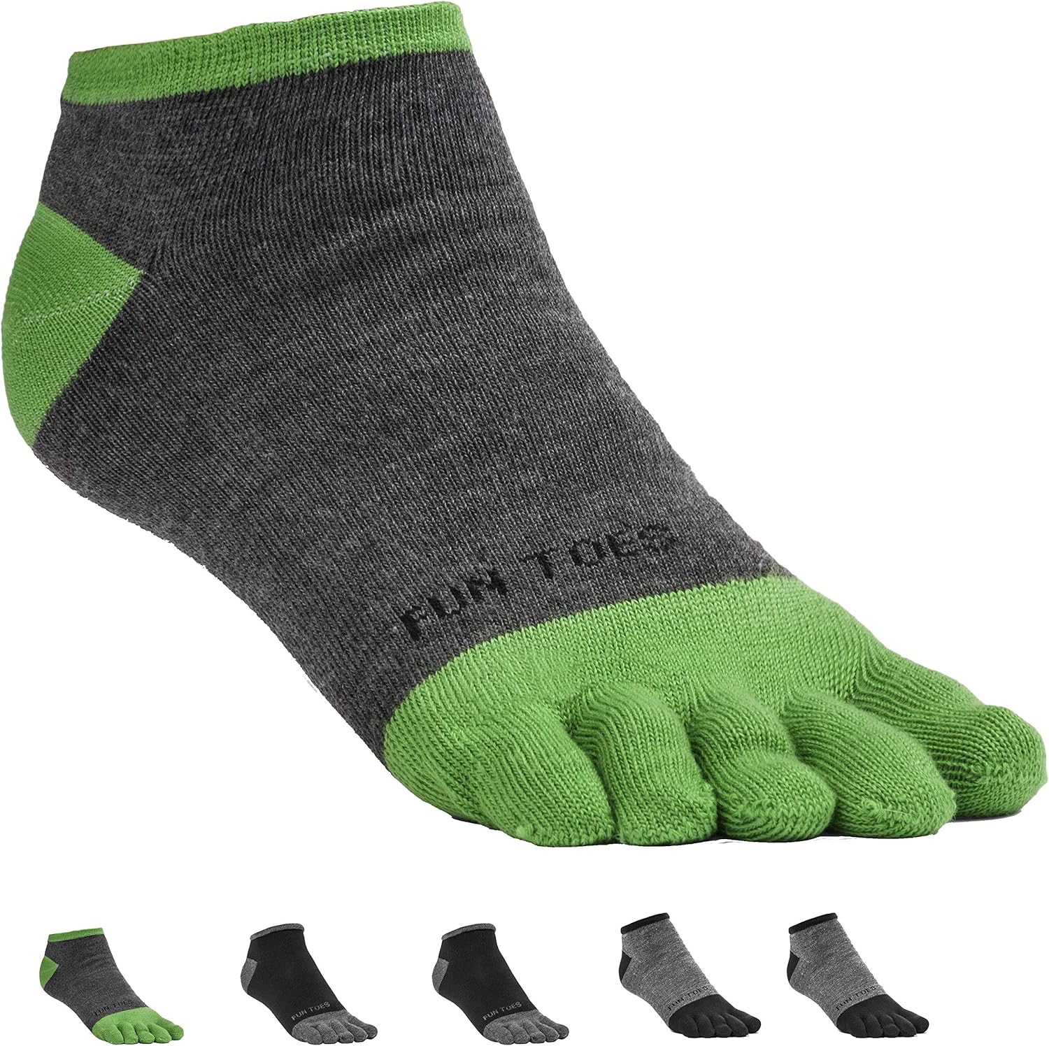 FUN TOES Men's Toe Socks Lightweight Breathable-Value 6 PAIRS Pack- Size 10-13 (2 Grey-Black/ 2 Black-Grey/ 2 Grey-Green): Clothing