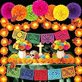 129 Pcs Dia De Los Muertos Altar Ofrenda Decorations, Day of The Dead Decor | 20 LED Marigold Garland 9 Papel Picado 50 Marigold Flowers 50 Stems 7 Paper Pom Poms 12 Butterfly for Diwali Indian Decor
